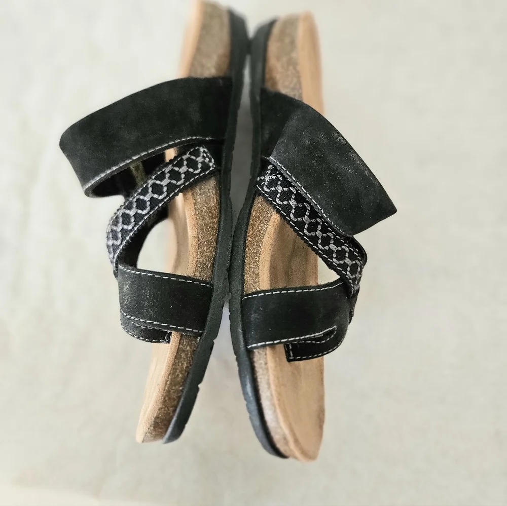 Earth Origins Black and Tan Suede Slide Sandals